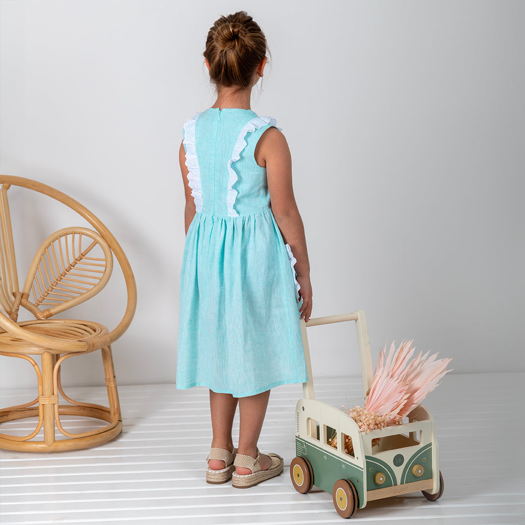 Fisto Detaylı Cepli Keten Elbise - Yeşil