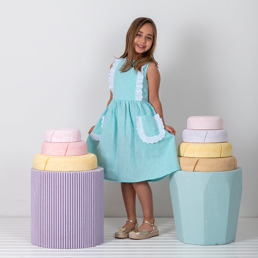 Fisto Detaylı Cepli Keten Elbise - Yeşil